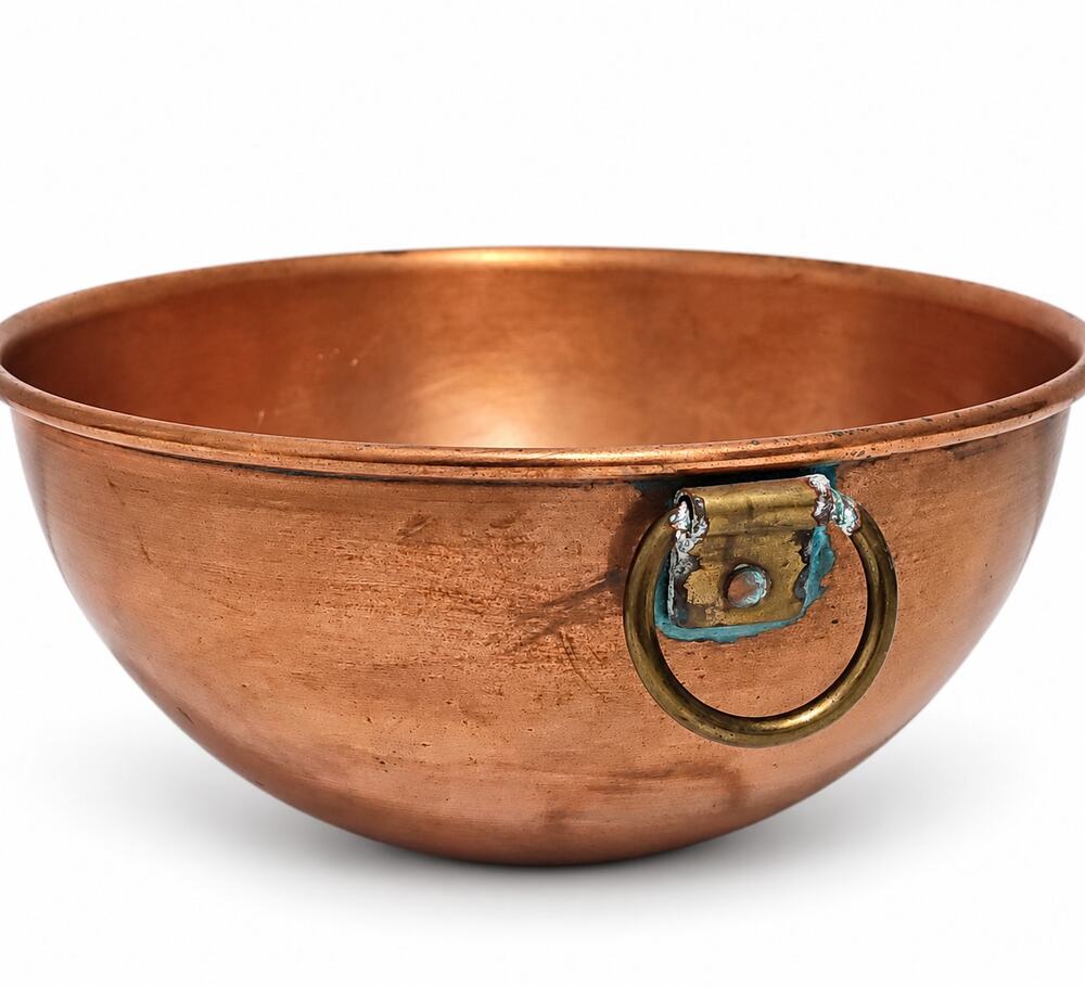 Vintage Solid Copper Rounded Mixing Bowl Rolled Rim Brass Ring Handle